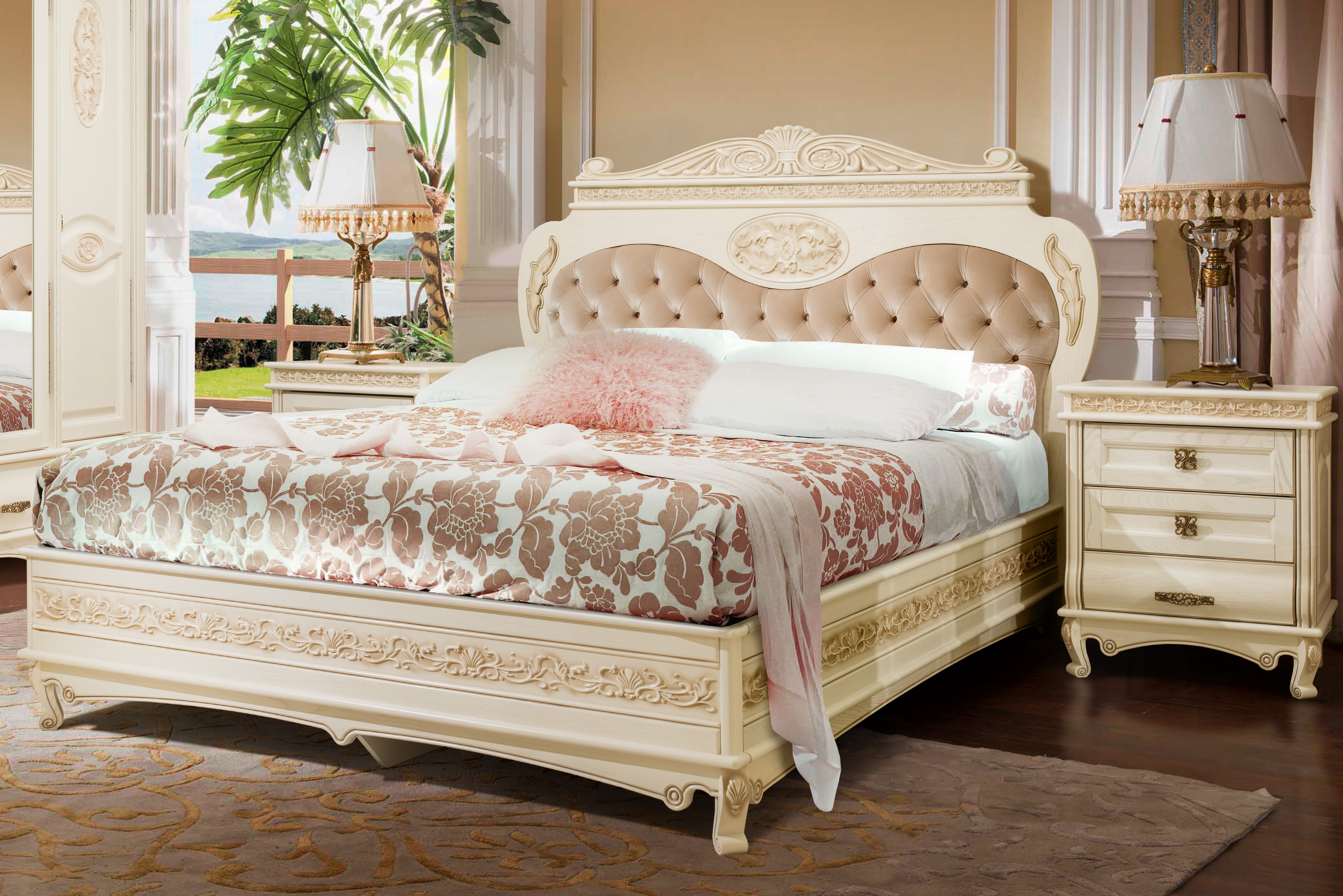 Кровать "Флоренция" с патинированием (без изножья, с мягким изголовьем из ткани)